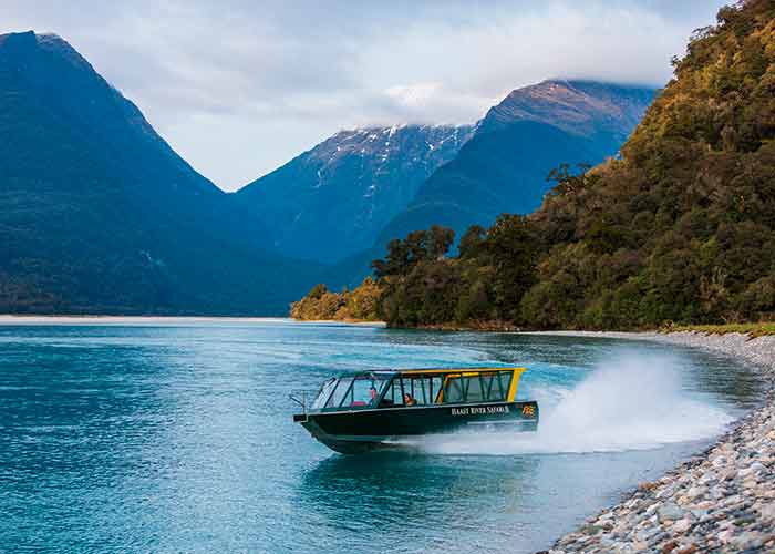 The Haast River Safari jet boat on the river