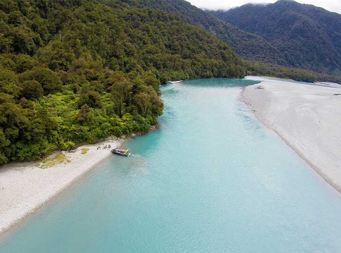 Aerial view of the Haast River jet boat
