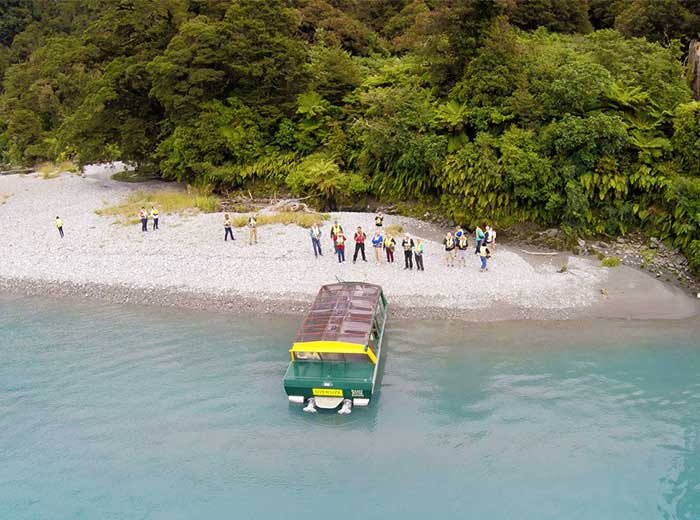Aerial view of guests on the Haast River Safari
